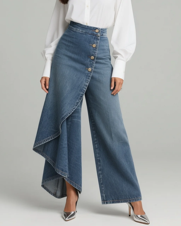 Pavellea - Wide Leg Cross Skirt Effect Denim Jeans