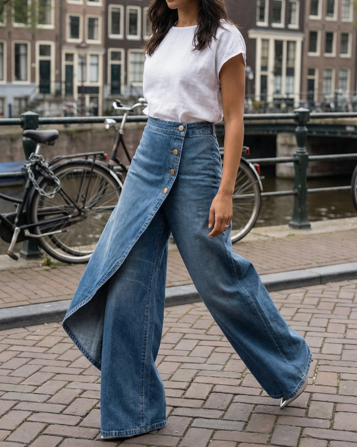 Pavellea - Wide Leg Cross Skirt Effect Denim Jeans