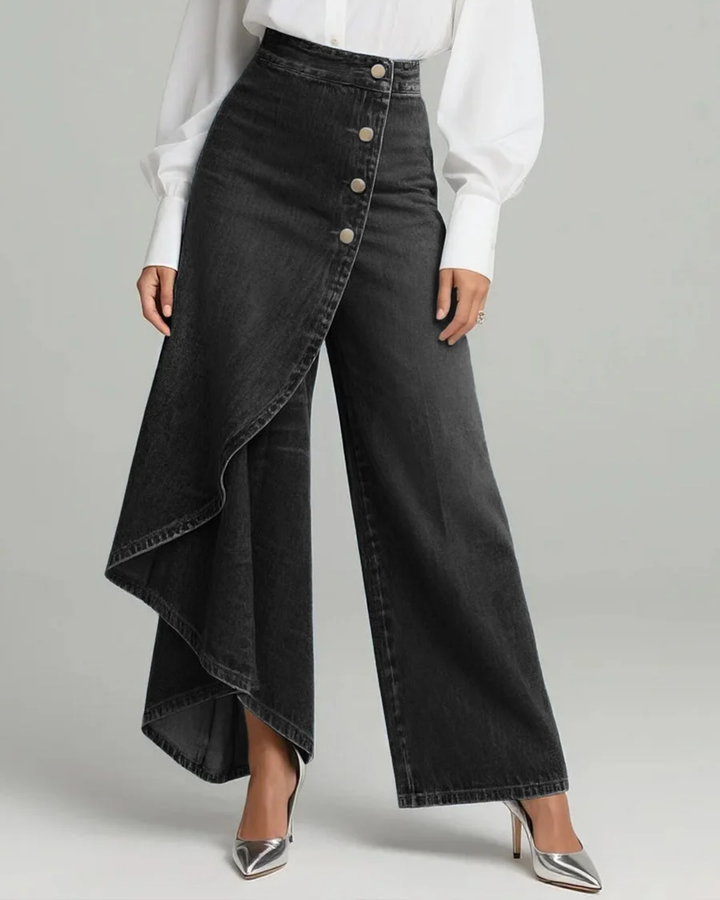 Pavellea - Wide Leg Cross Skirt Effect Denim Jeans