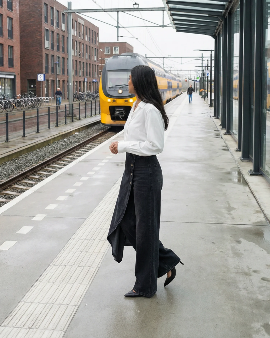 Pavellea - Wide Leg Cross Skirt Effect Denim Jeans