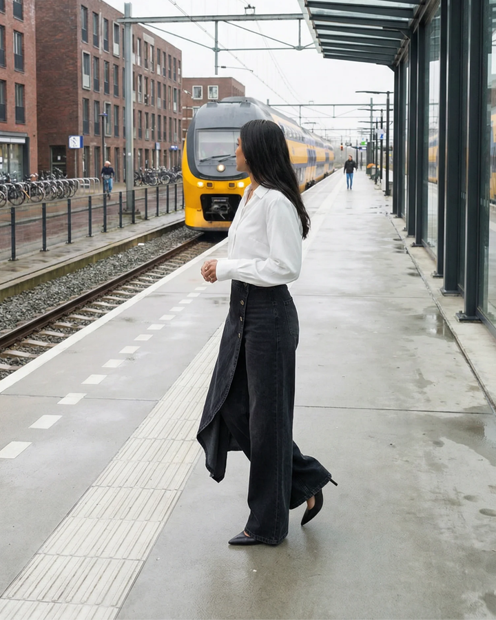 Pavellea - Wide Leg Cross Skirt Effect Denim Jeans