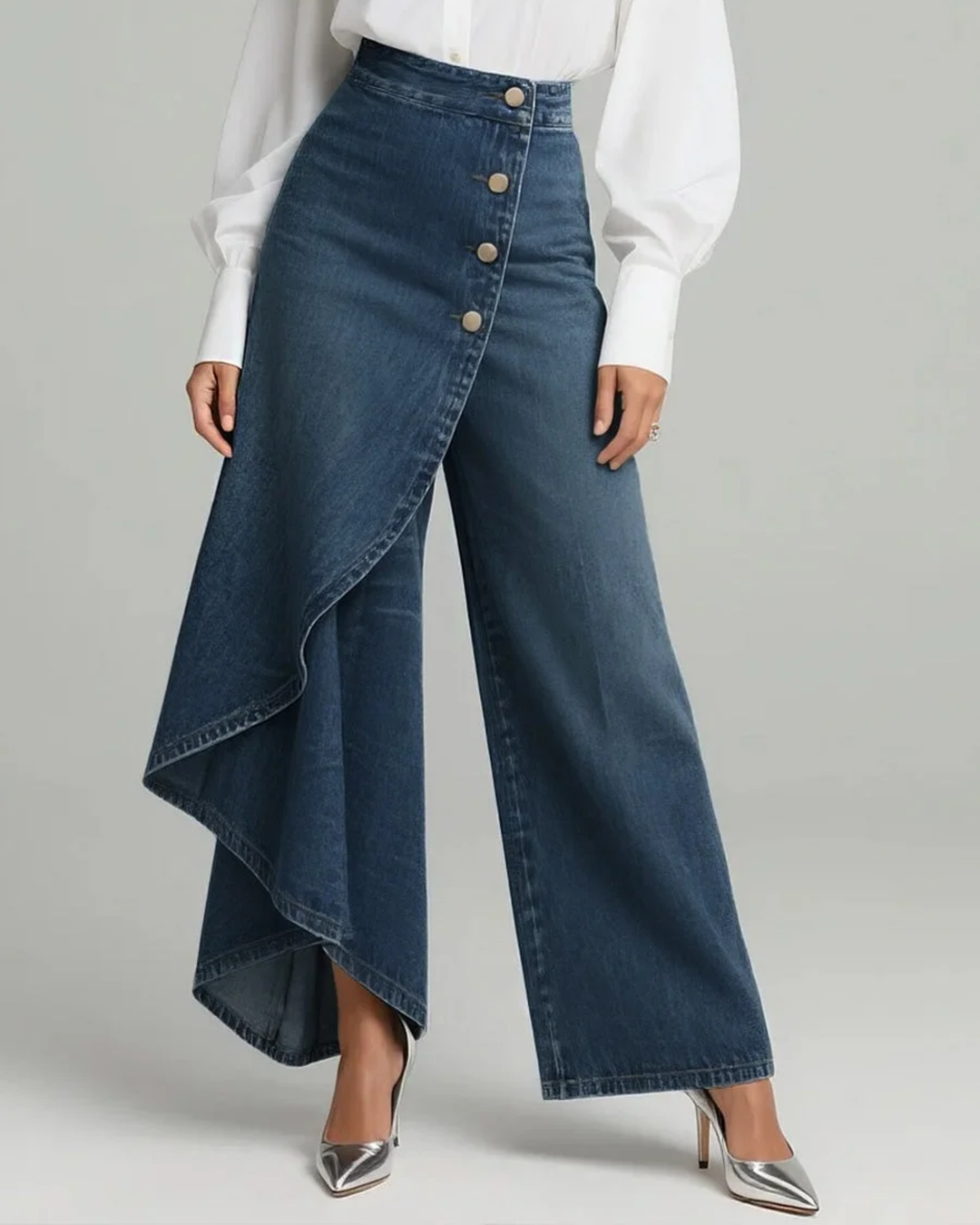 Pavellea - Wide Leg Cross Skirt Effect Denim Jeans