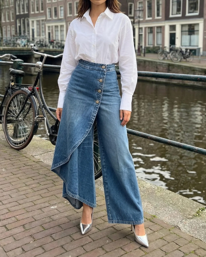 Pavellea - Wide Leg Cross Skirt Effect Denim Jeans